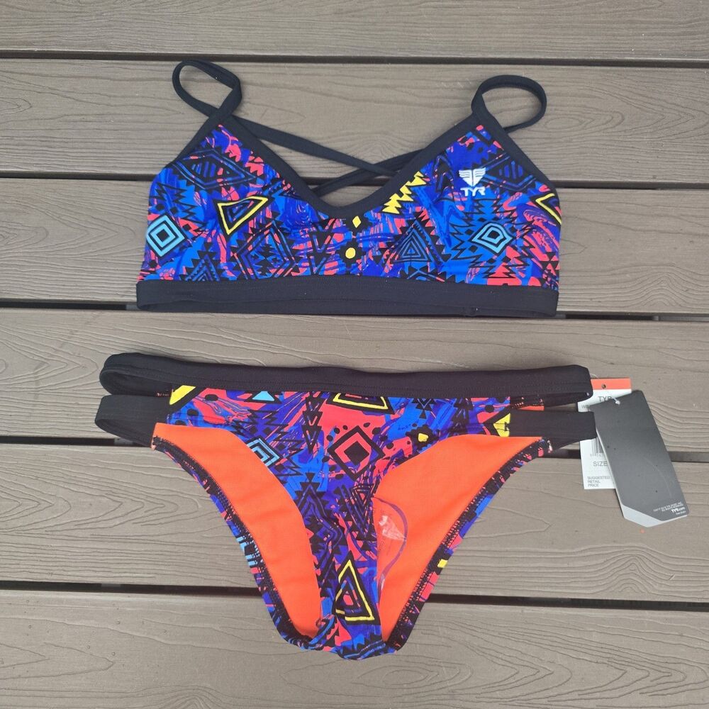 Tyr Womens Durafast Blue/Orange Santa Trinityfit Workout Bikini Sz S New No Tag